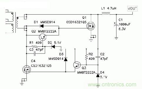 圖5 :D2和D4限制了該同步正向驅動器中正柵極電壓