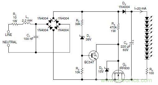 圖2:斬波工作類似圖1中的電路,但以較大的LED串聯電阻代替了恒流源,提供限流功能