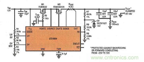 圖8:LTC4364 提供了針對過壓、短路或反向電壓的內置輸出端口保護功能