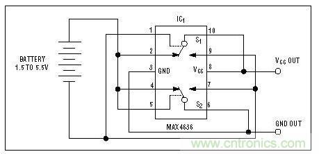 該電路檢測電池極性,并迅速接通負載或切換電池極性