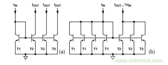 （a） 多級電流鏡 （b） 非整數比例電流鏡可將3個T2集電極結合起來，得到3IIN