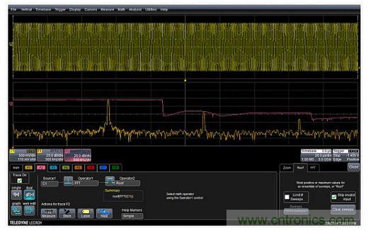 紅色曲線F2(中心)顯示了掃頻正弦波FFT中的每個頻率的峰值或最大值。曲線F1(底部)是沒有應用最高或最大值的FFT。F2描述符盒子顯示了最高功能的設置