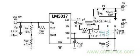 基于 LM5017 的 Fly-Buck 轉換器電路,沒有基于光耦合器的穩壓電路