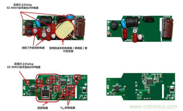 iW3688消除了20 多個外部元器件，降低BOM成本達(dá)20%~25%（左右分別為方案對比，上下為PCB正反面）