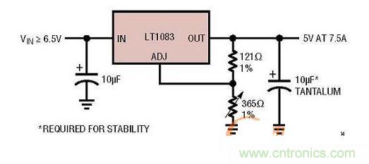 集成型線性穩壓器實例：只有3個引腳的7.5A線性穩壓器。