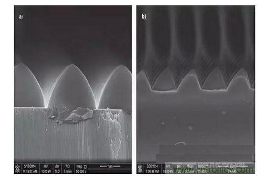 圖案化藍(lán)寶石基板通過光致抗蝕劑掩膜在電感耦合等離子體干法反應(yīng)性腐蝕保持良好剛性結(jié)構(gòu)(如圖a),然而,如果光致抗蝕劑掩膜的剛性結(jié)構(gòu)在抗蝕過程中沒有得到保持,那么結(jié)果會很差(如圖b)