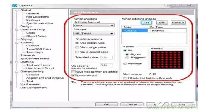 利用支持射頻設計的PCB 設計工具,您可以設置用于生成過孔模式的設計規則,并自動在您的設計中強制實施這些規則,從而節省您的時間和確保符合您的所有設計規則。