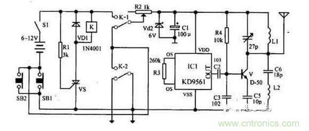 【導讀】隨著環(huán)保意識的增強,電動車已大量進入我們家庭,成為部分人必不可少的交通工具。如何防止電動車被盜則是車主十分關(guān)心的問題,為此,出現(xiàn)了各類電動車防盜鎖。除此之外呢?還有什么好的方法防盜呢?我們?yōu)榇蠹医榻B一款電動車防盜報警器電路圖。 各類電動車防盜鎖大量涌出,但是,電動車被盜現(xiàn)象仍層出不窮,較高級的電動車防盜鎖在短時間內(nèi)難以破壞,盜賊便將電動車搬上其它車輛上盜走,這樣,再高級的防盜鎖也顯得無能為力了。鑒于此,我們?yōu)榇蠹医榻B一款電動車防盜報警器電路圖。 1 報警器發(fā)射機部分是由繼電器K和可控硅VS用來控制發(fā)射機電路的電源。IC1組成警聲信號電路。晶體管V及其外圍元件組成射頻振蕩電路,發(fā)射報警信號。 在等待狀態(tài)時,開關(guān)S1接通,而SB1斷開(即車頭鎖被鎖住),K就處在釋放狀態(tài),報警發(fā)射機不工作。當車頭鎖被打開時(即SB1接通),VS被觸發(fā)導通,K吸合,接通發(fā)射機電源。SB1接通后,K-2的常開點將其自鎖,此時只有斷開S1報警方能結(jié)束。在K動作時,其常閉觸點K-l斷開,切斷發(fā)動機點火電路。 接收機電路由TDA7010和開關(guān)功放TWH8778、TWH68組成。當IC2 收到報警信號時其互腳的高電平通過IC3經(jīng)IC4放大由TWH15放出報警聲。但要考慮到頻率的穩(wěn)定性,因為7010自身沒有頻率穩(wěn)定電路,在工作時要多作檢測,最好用印制板和貼片元件。 按上述操作方法停放車輛后,報警器即進入待報警狀態(tài)。在待報警期間,只要有人無論用什么方法打開車頭鎖或搬移車輛,都將觸發(fā)報警器報警不停,并切斷發(fā)動機電源使車輛無法起動,直至車主人趕來將點火鑰匙插入點火鎖內(nèi)轉(zhuǎn)到關(guān)的位置,報警才能解除。