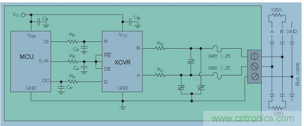 在高暴露環境中的RS-485總線的電路保護示意圖中,上圖類似“Z”字形的符號可代表多種過壓保護解決方案,包括Q2L系列SIDACtor保護晶閘管(圖7)。