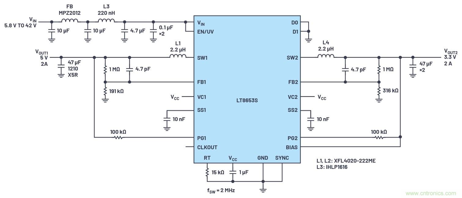 具有6.2 µA靜態電流的雙通道、42 V、2 A、單片、同步降壓型Silent Switcher 2穩壓器
