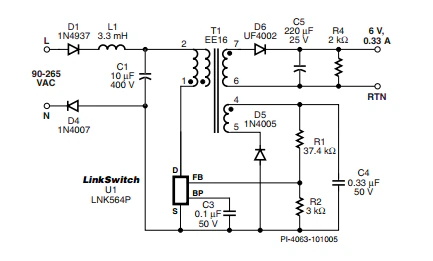 LinkSwitch-LP 系列旨在取代手機/無繩電話、PDA、數碼相機和便攜式音頻播放器等應用中輸出功率 < 2.5 W 的低效線頻線性變壓器電源。LinkSwitch-LP 還可用作白色家電等應用中的輔助電源。  LinkSwitch-LP 將高壓功率 MOSFET 開關與 ON/OFF 控制器集成在一個設備中。它完全由漏極引腳自供電，具有低 EMI 的抖動開關頻率，并且具有全面的故障保護。自動重啟可限制過載和輸出短路條件下的器件和電路耗散，而遲滯過溫保護會在熱故障期間禁用內部 MOSFET。EcoSmart 技術使設計能夠輕松實現 < 150 mW 的空載功耗，滿足能源效率要求。  LinkSwitch-LP 的設計目的是在輸出功率低于 2.5 W 時無需初級側鉗位電路，從而顯著減少組件數量和總系統成本。圖 1 顯示了基于 LinkSwitch-LP 的 2 W 電源，不帶初級側鉗位。LinkSwitch-LP 系列經過優化，當變壓器上的輔助或偏置繞組提供反饋時，可提供近似的 CV/CC 輸出特性。這非常適合取代工頻變壓器的應用，提供兼容的輸出特性，但過載、短路電流和輸入線電壓變化較小。  　  在無鉗位設計中使用 LinkSwitch-LP 的基本電路原理圖。  快速開始  　 LinkSwitch-LP 反激式設計流程圖