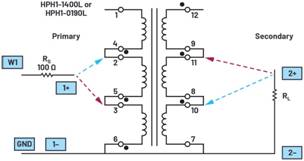   材料  ? ADALM2000主動學習模塊 ? 無焊試驗板和跳線套件 ? 一臺HPH1-1400L 6繞組變壓器 ? 一臺HPH1-0190L 6繞組變壓器 ? 兩個100 Ω電阻  說明  在無焊試驗板上構建圖2所示的電路。需要使用此設置來測量初級/次級匝數比為1:1的三種不同配置下，兩個變壓器型號各自的頻率響應。兩個紅色箭頭表示在初級和次級使用同一個線圈的配置中連接源電阻和負載電阻的位置。藍色箭頭對應的是在初級和次級使用兩個串聯線圈的配置。綠色箭頭對應的是在初級和次級使用三個串聯線圈的配置。