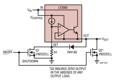 利用LT3080x電流源基準線性穩壓器停機 利用LT3080x電流源基準線性穩壓器停機