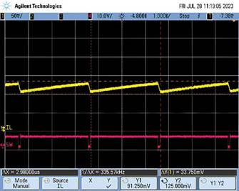  圖9.負載調整和折返頻率。隨著負載增大，頻率會折返以維持穩定的輸出電壓。  在圖9中可以看到，隨著負載增加，器件頻率會折返以保持恒定的輸出電壓。器件在DCM下運行至約0.28 A，這就是頻率下降到約495 kHz然后又回升至657 kHz的原因。以657 kHz的頻率運行時，器件可以保持正常操作，直至負載達到0.7 A。此時頻率降低以保持適當的輸出電壓，直至負載達到1.4 A左右。發生這種情況時，器件無法在保持輸出電壓的同時將頻率降低到100 kHz以下（該器件指定的最低反饋頻率），因此輸出電壓開始下降。  這個問題的解決辦法不像違反最小導通時間規范那么簡單。設計人員通常需要滿足特定的輸入電壓和輸出電壓要求，因此無法隨意更改占空比來延長關斷時間。如果設計人員可以提供更大的輸入電壓，則器件將以設定的頻率工作，因為較小占空比會防止器件違反最小關斷時間規范。這一點可以從圖10中看出，其中器件以設定的2 MHz頻率運行。